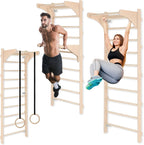 Sprossenwand mit Klimmzugstange 230 cm Holz Kletterleiter Wandmontage mit Gym Ringen und Dip Barren Multifunktionales Fitnessgerät