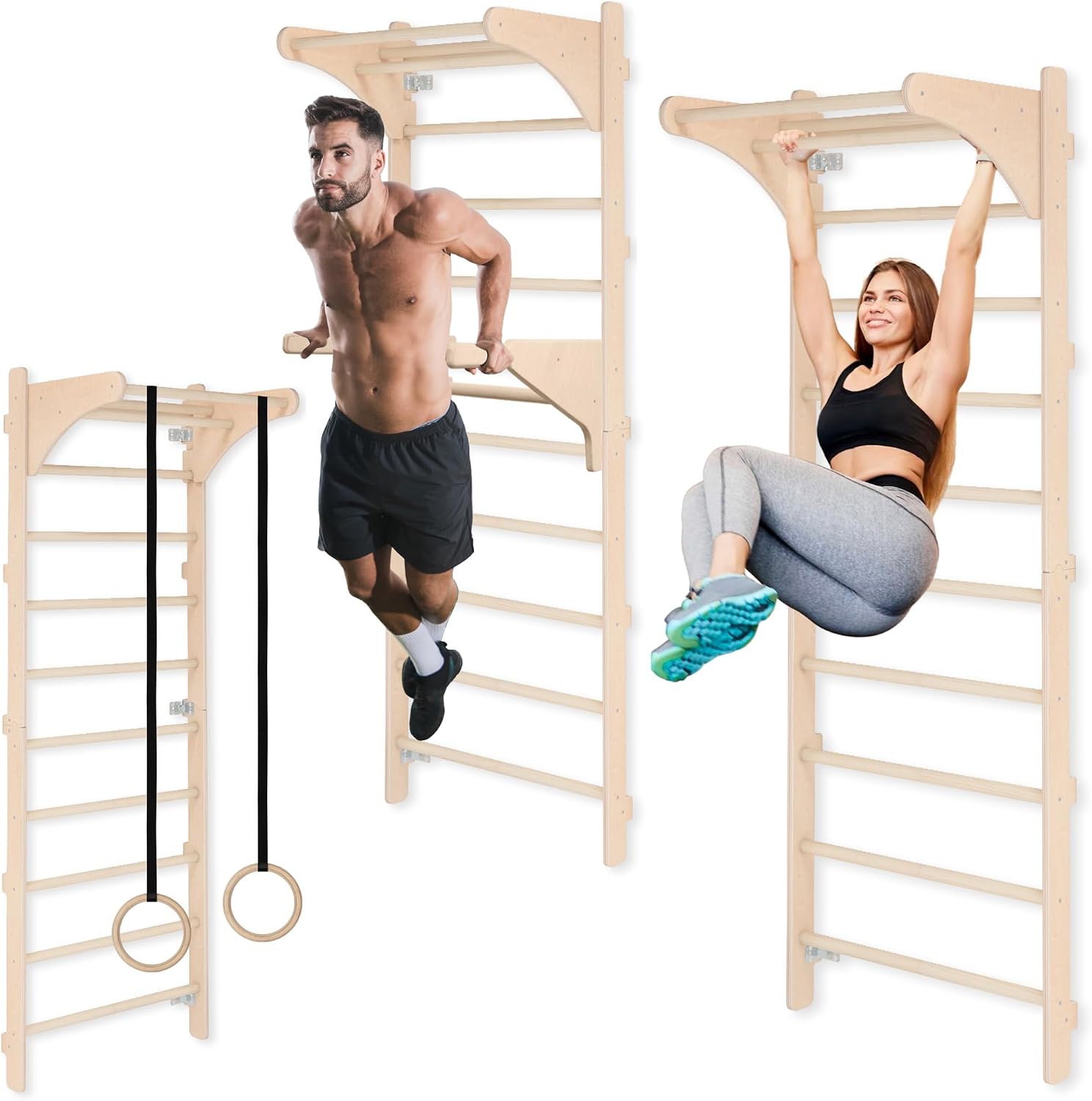 Sprossenwand mit Klimmzugstange 230 cm Holz Kletterleiter Wandmontage mit Gym Ringen und Dip Barren Multifunktionales Fitnessgerät