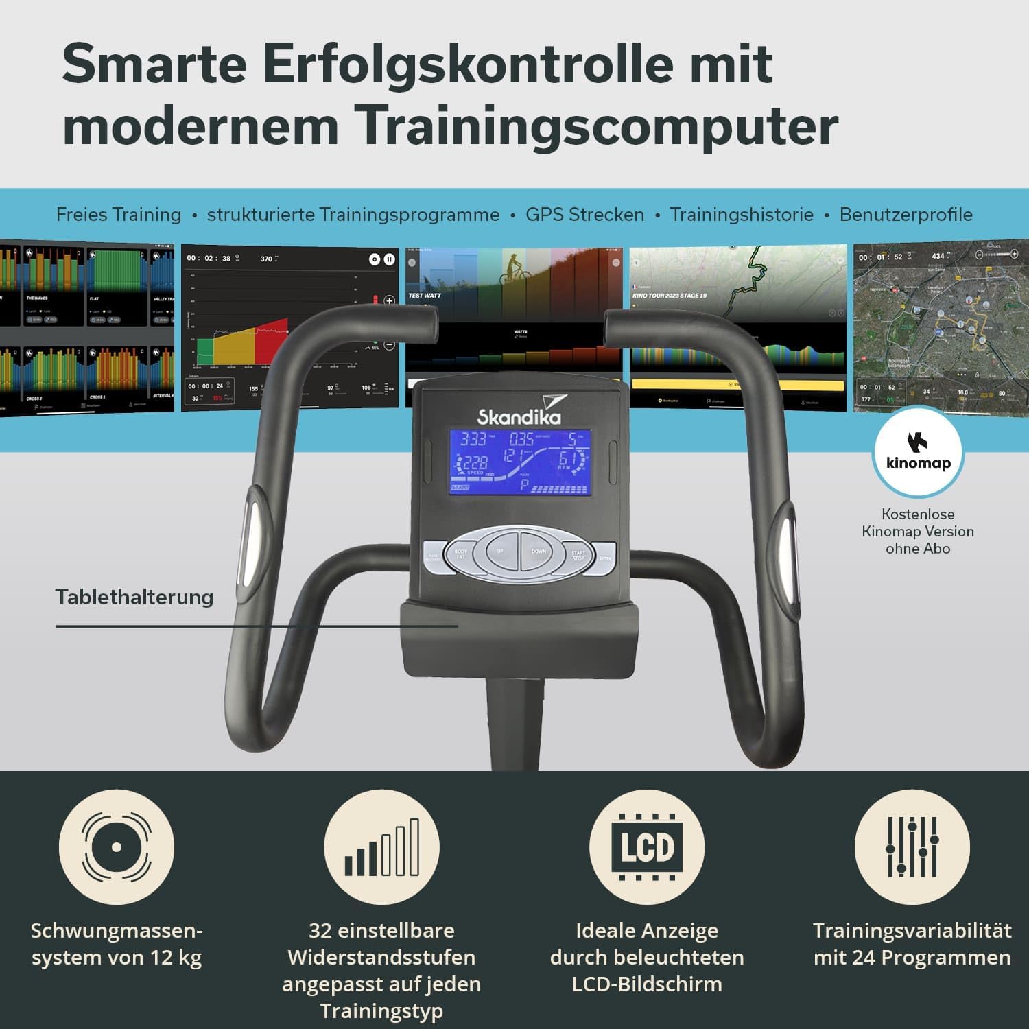 Heimtrainer Ergometer Morpheus Magnetbremssystem 12 kg Schwungmasse 32 Stufen 24 Programme Kinomap App kompatibel 150 kg 144x56x103 cm