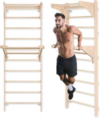 Sprossenwand mit Klimmzugstange 230 cm Holz Kletterleiter Wandmontage mit Gym Ringen und Dip Barren Multifunktionales Fitnessgerät