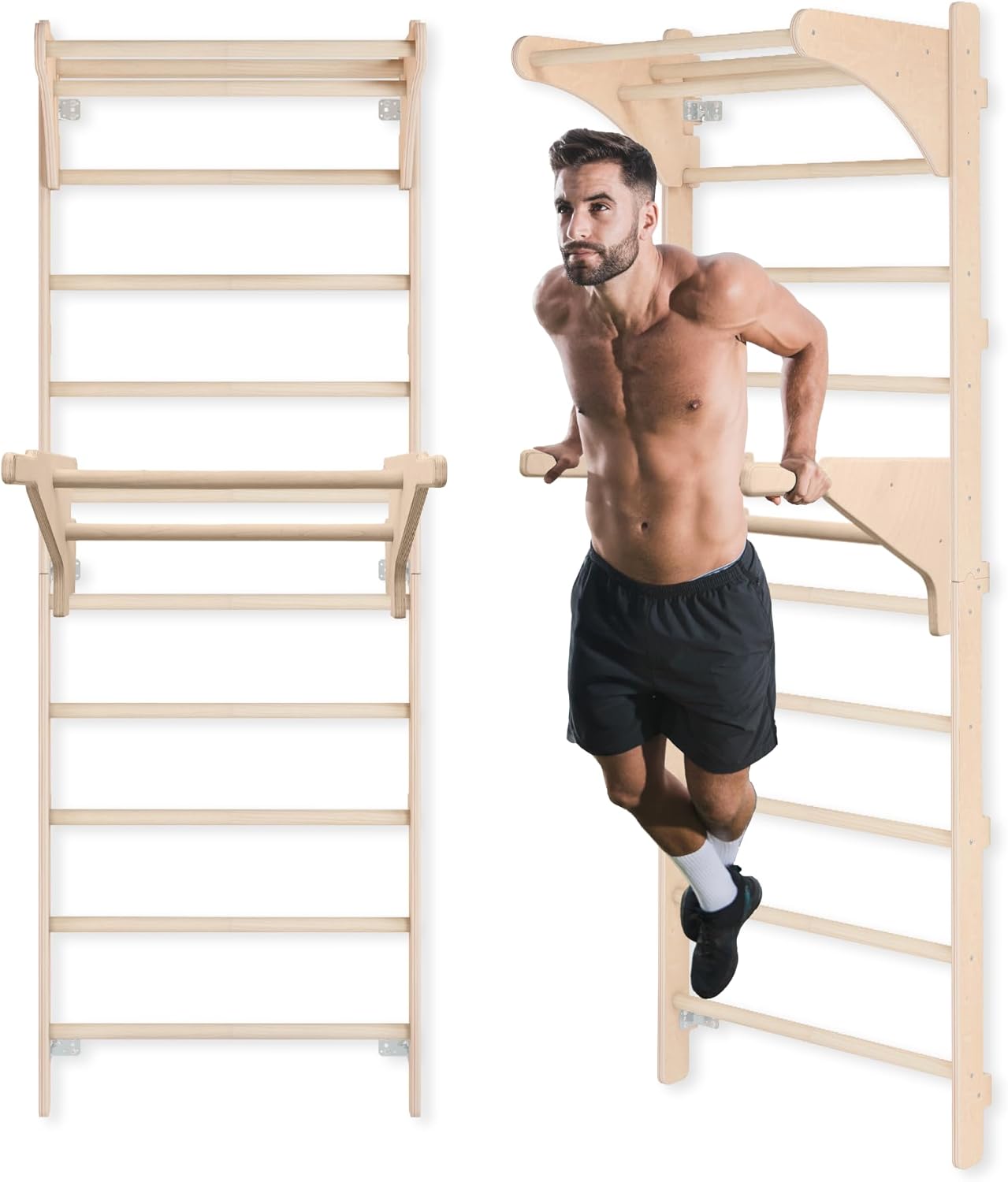 Sprossenwand mit Klimmzugstange 230 cm Holz Kletterleiter Wandmontage mit Gym Ringen und Dip Barren Multifunktionales Fitnessgerät