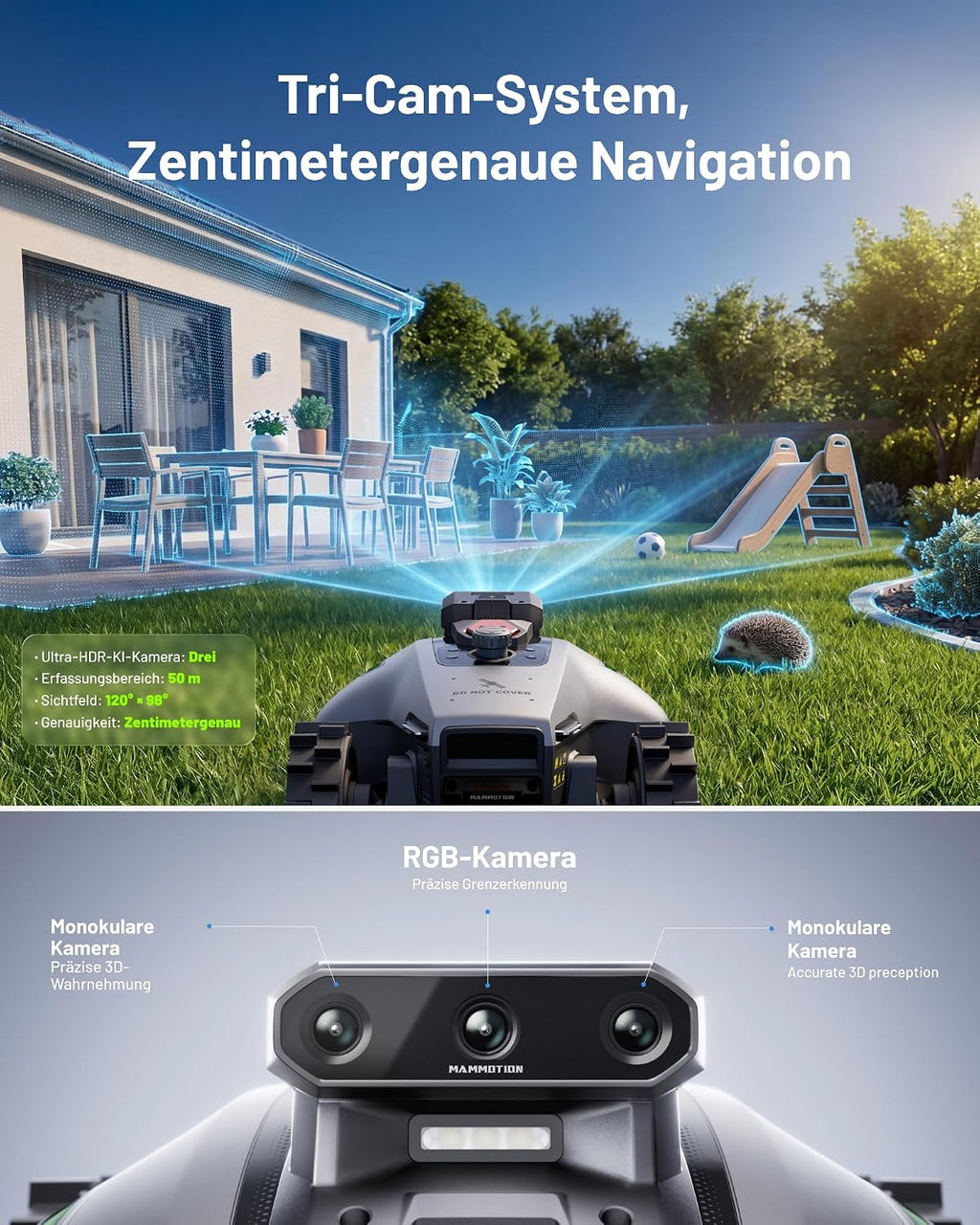 Mähroboter ohne Begrenzungskabel YUKA mini 2 500 KI Navigation automatische Mehrzonen Kartierung 500 m² Rasenpflege 45% Steigung