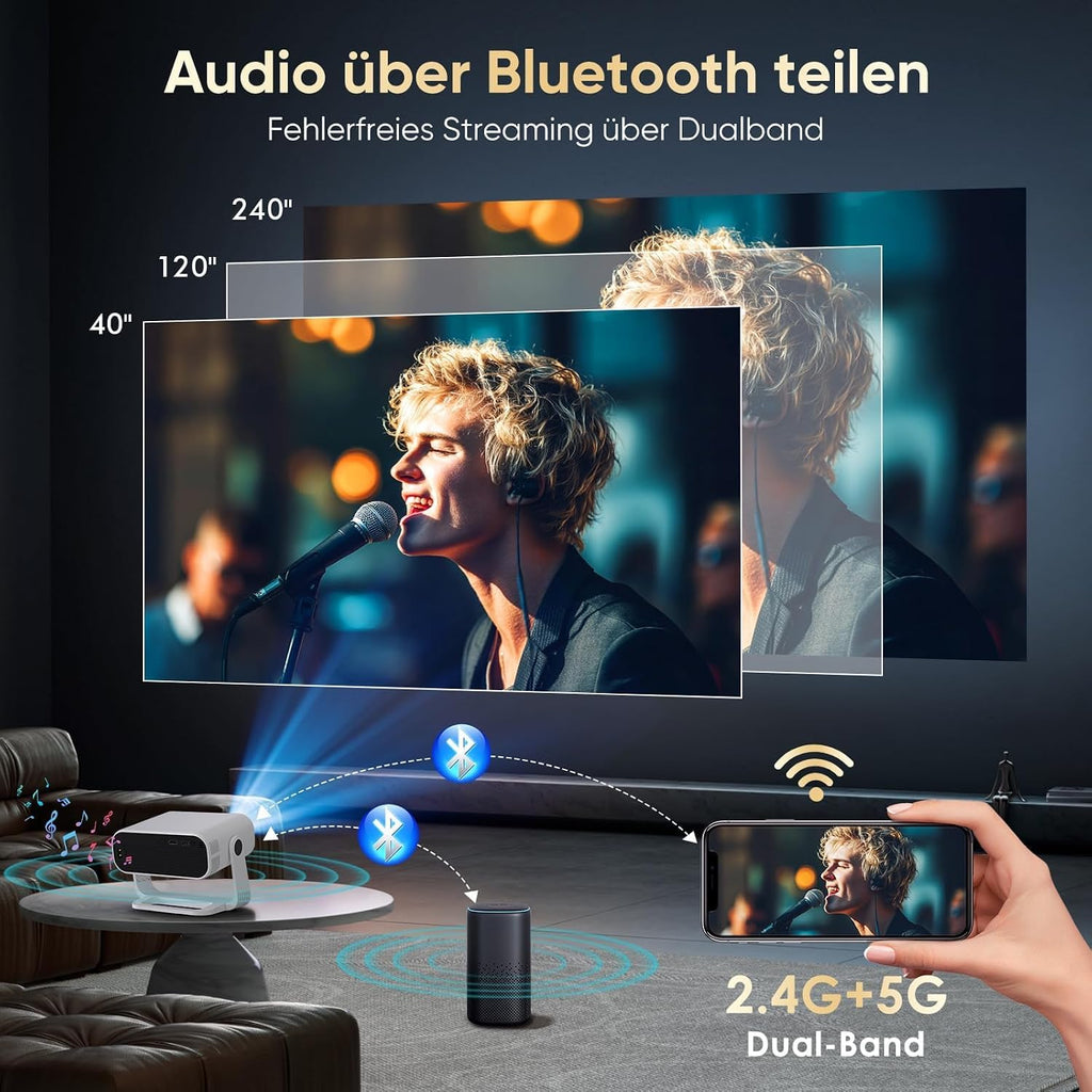 Mini Beamer Android 14 Heimkino Projektor 1080P 4K Dekodierung WiFi6 BT5.2 Automatische Trapezkorrektur für Smartphone HDMI PC