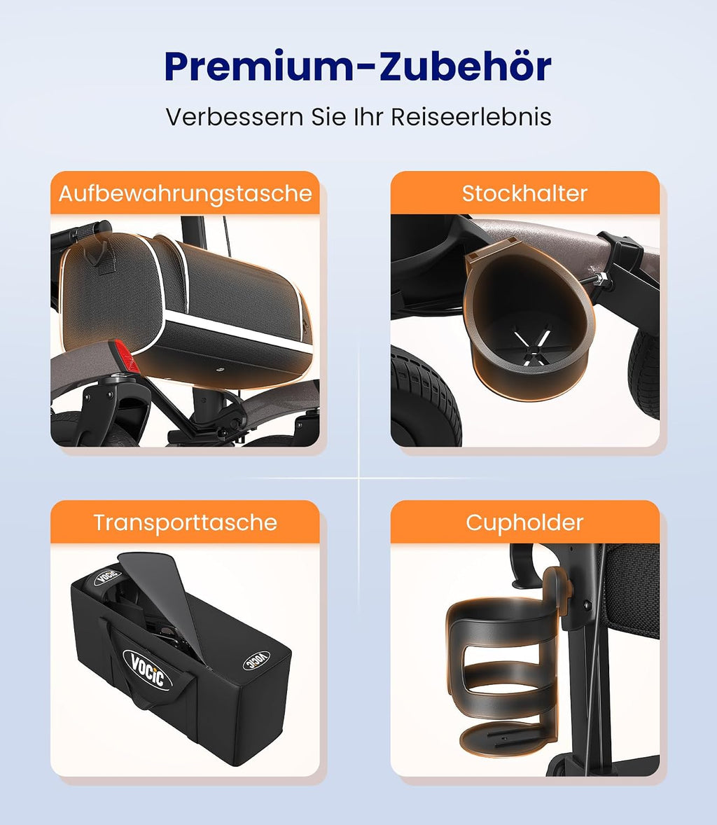 Rollator 4-Rad Gehwagen mit Sitz Aluminium faltbar höhenverstellbar Outdoor pannensichere Gummireifen 136 kg Tragfähigkeit grau