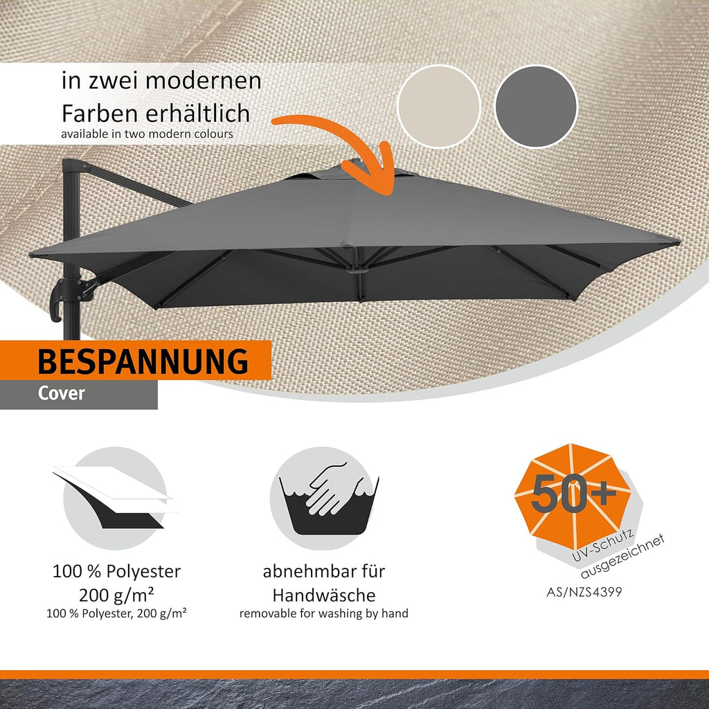 Ampelschirm Rhodos Grande 400x300 cm Rechteckig Aluminium Gestell UV50+ Polyester Kurbel 360 Grad Drehfunktion Anthrazit