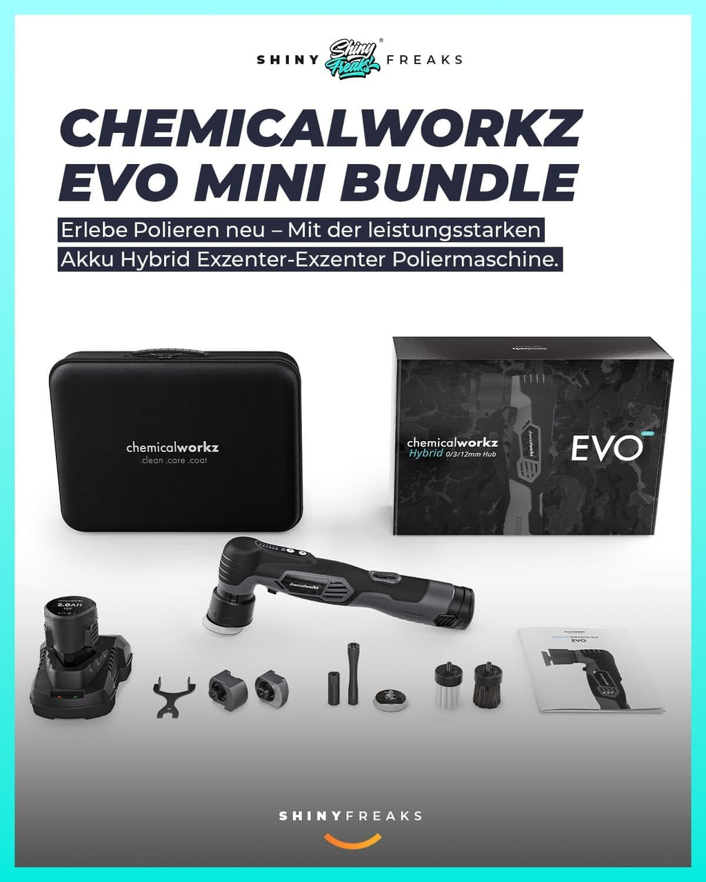 Akku Poliermaschine EVO Mini 25-teiliges Set Exzenter Rotation mit Akkus Adaptern Stütztellern Pads Zubehör