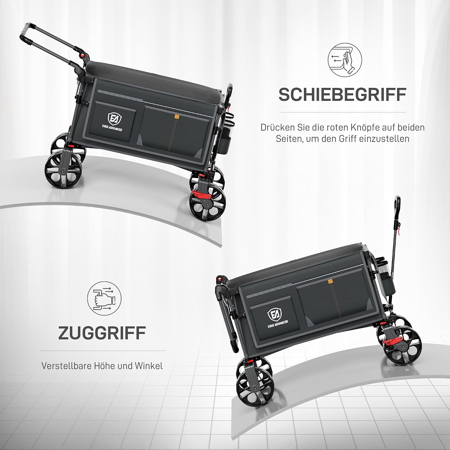 Faltbarer Bollerwagen EA-TR-21830S 225 L bis 150 kg mit Bremse Dach Schiebe- und Ziehgriff 4 Räder