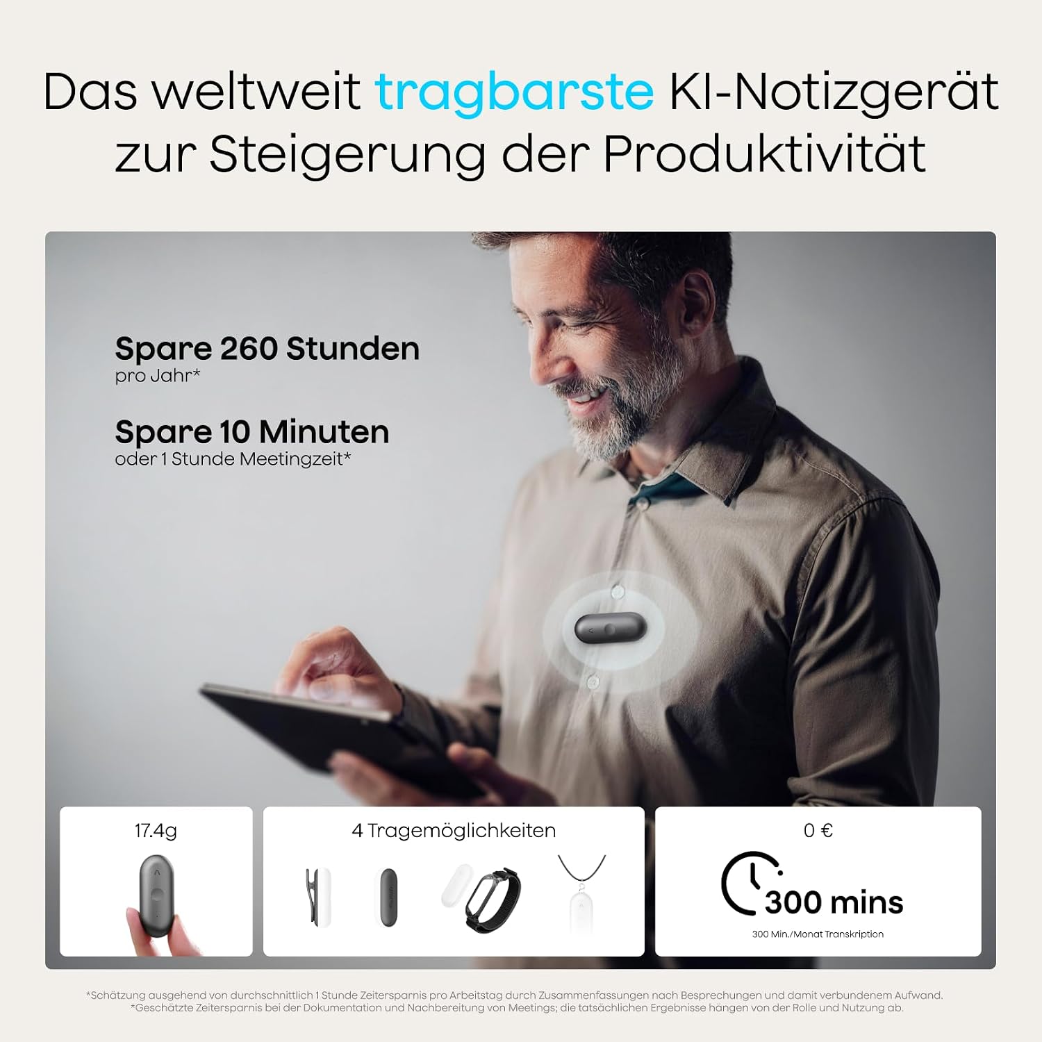 KI Diktiergerät NotePin S Sprachrekorder mit Transkription Zusammenfassung 64GB Speicher Aufnahmegerät mit 4 Zubehörteilen