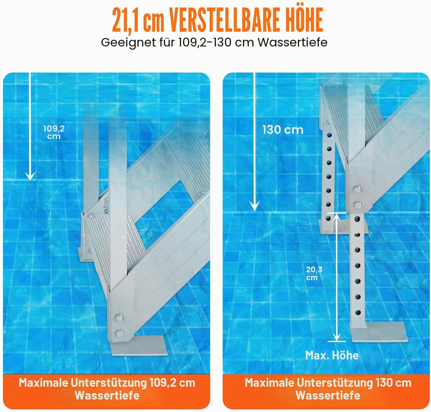 Poolleiter 6 Stufen Aluminiumlegierung FT-06 mit zwei Handläufen rutschfesten Pedalen 250 kg Tragfähigkeit