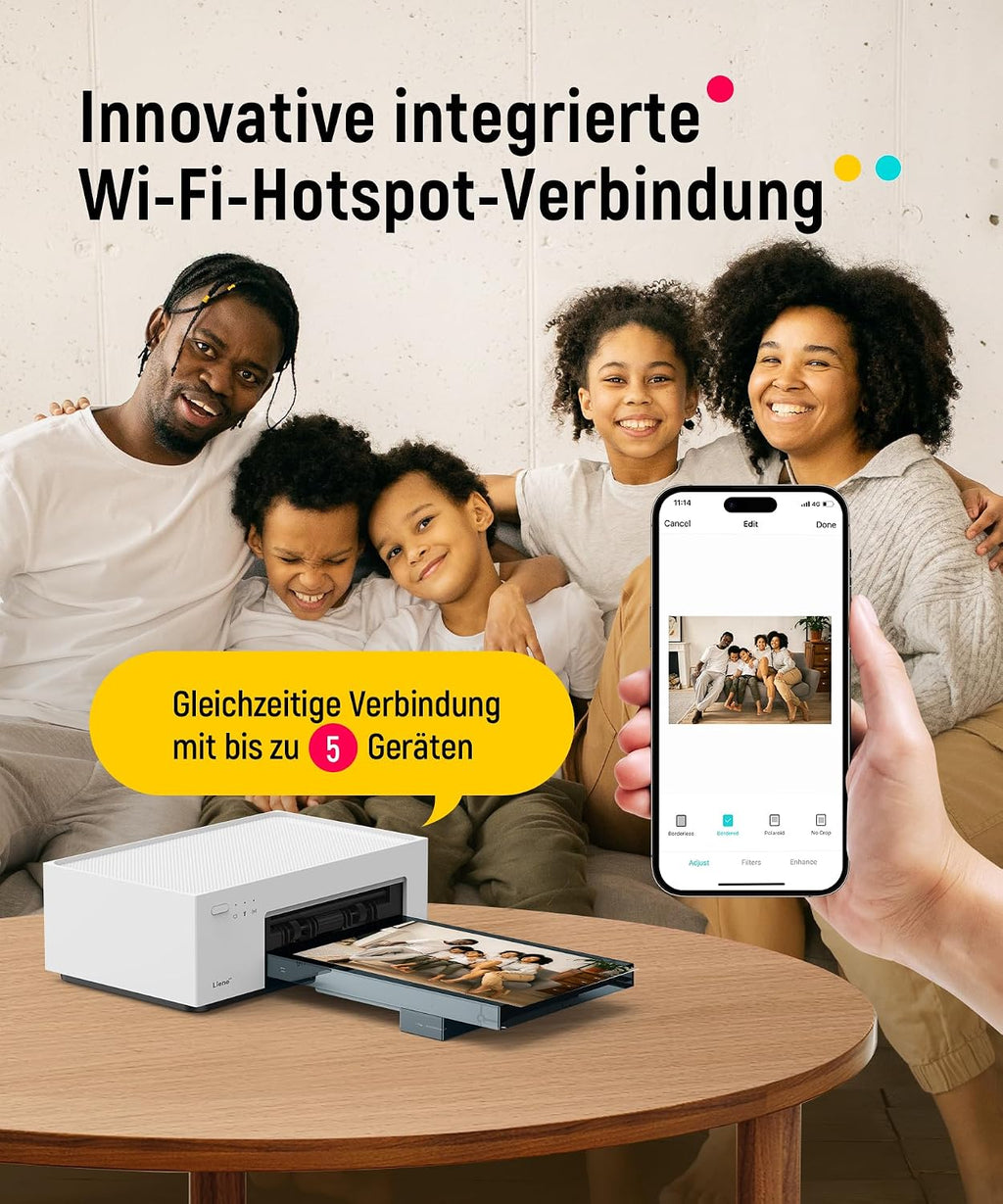 Fotodrucker DHP513 10x15 cm Farbsublimationsdrucker mit WLAN USB 300 DPI für Smartphone PC inklusive 100 Blatt Fotopapier