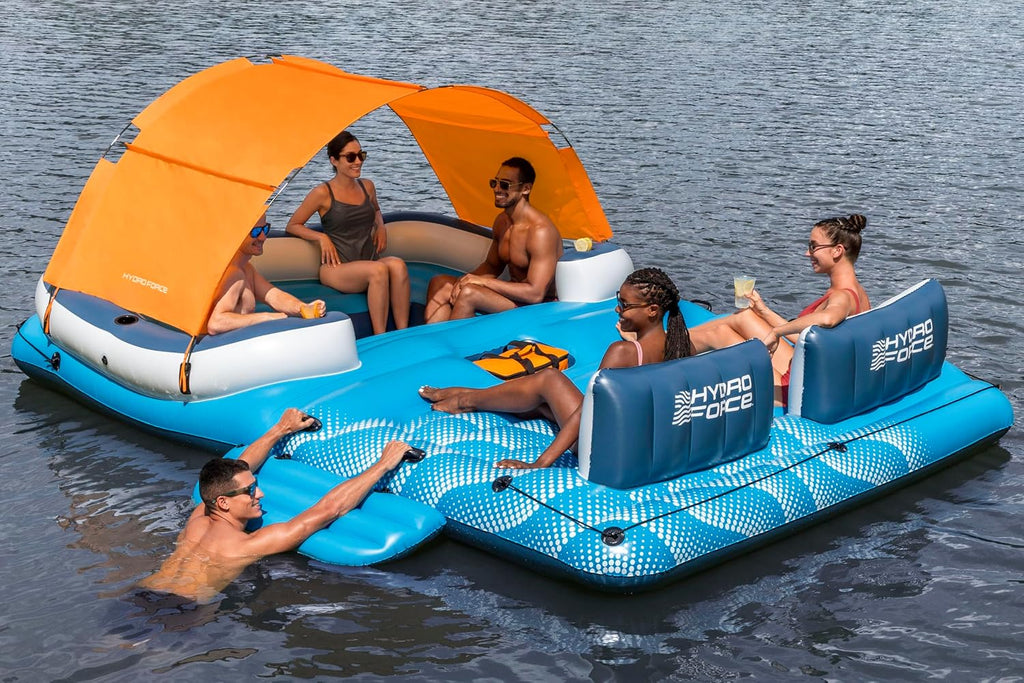 Badeinsel Tropical Breeze 43105 für 6 Personen 389 x 274 cm mit Sonnendach Kühltasche 6 Getränkehaltern und Reparaturflicken