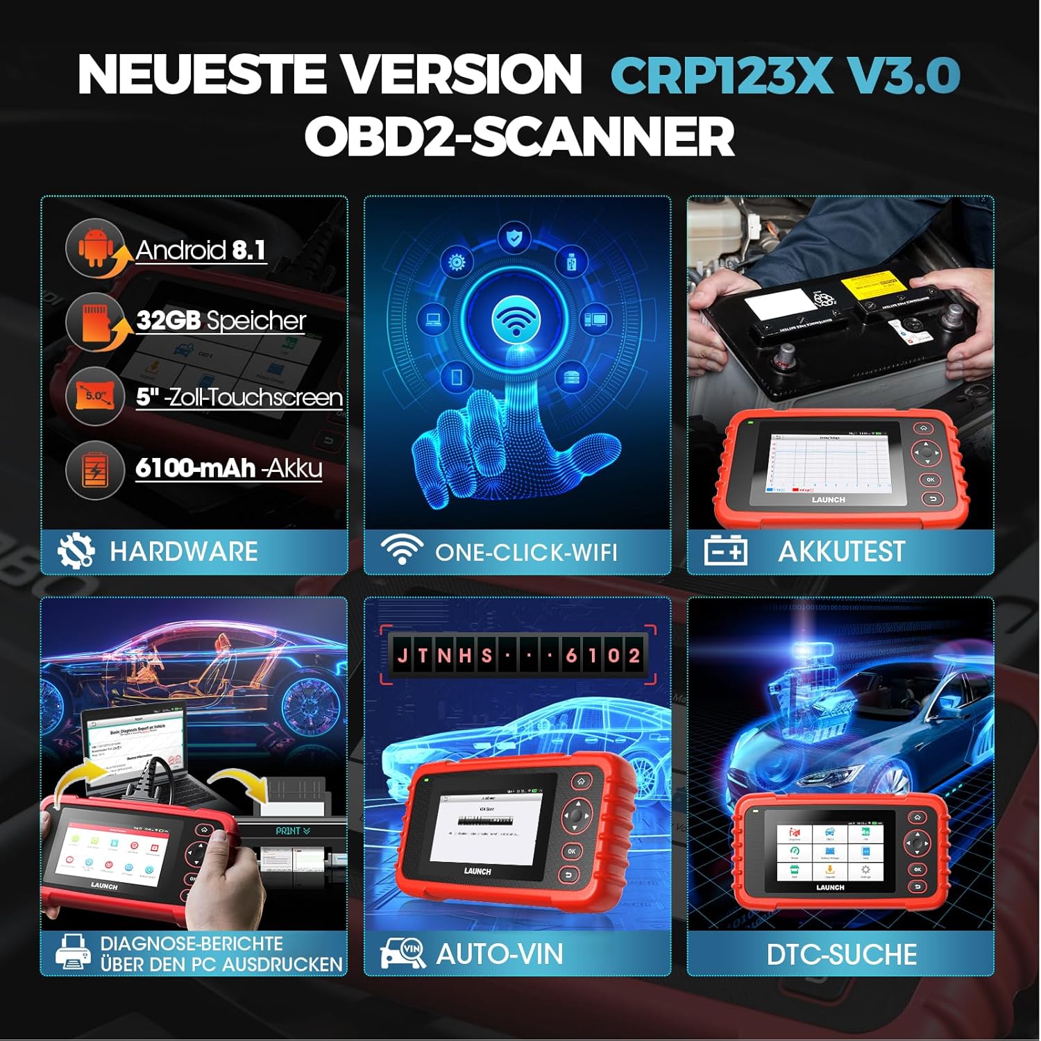 OBD2 Diagnosegerät CRP123X V3.0 4-System Diagnose Scanner EPB DPF Öl SAS BMS VIN 5 Zoll Android 7 1996-2026