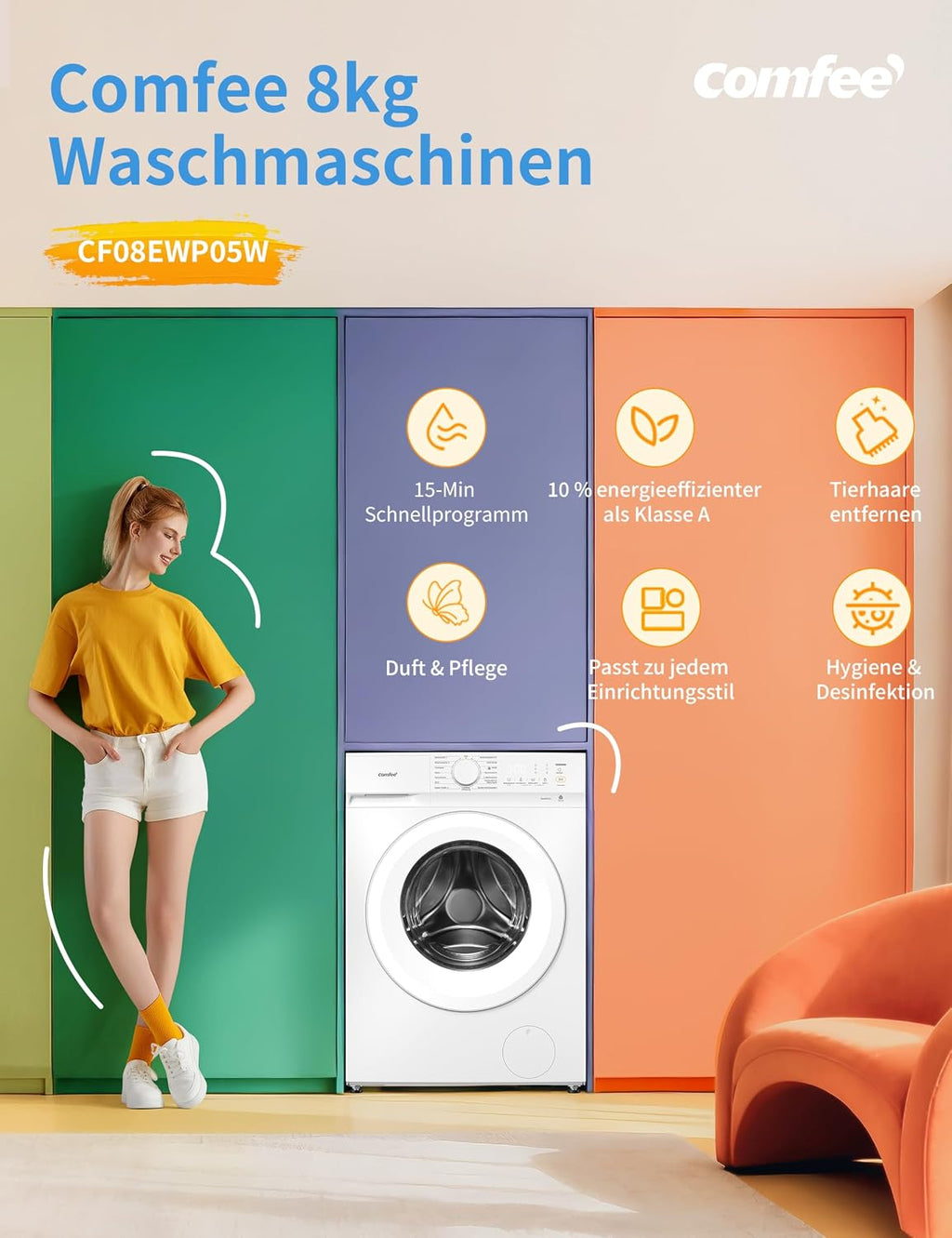 Frontlader Waschmaschine 8 kg CF08EWP05W mit Dampffunktion und Tierhaar-Programm 16 Programme Energieeffizienz Klasse A-10 Nachlegefunktion
