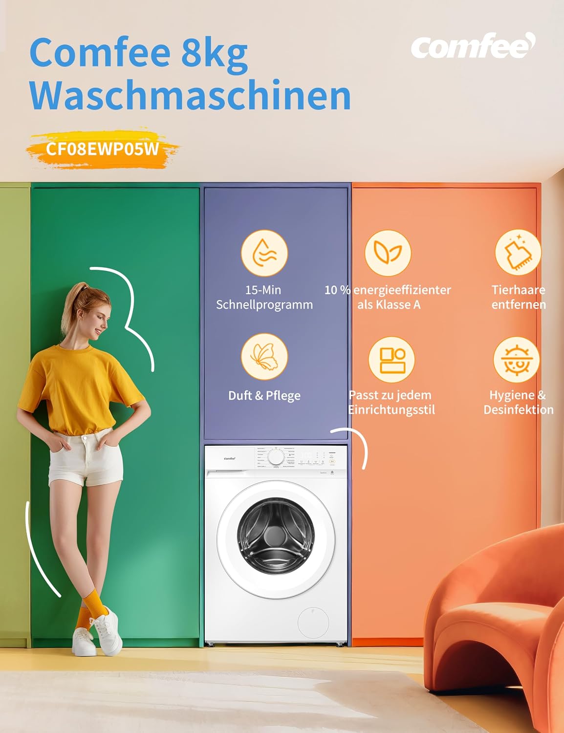 Frontlader Waschmaschine 8 kg CF08EWP05W mit Dampffunktion und Tierhaar-Programm 16 Programme Energieeffizienz Klasse A-10 Nachlegefunktion