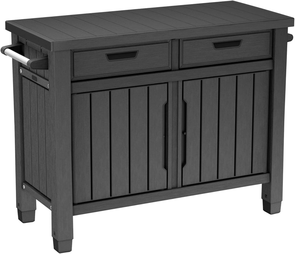 Outdoor Grilltisch Beistelltisch 22634 mit 2 Schubladen Holzoptik Kunstharz Stauraum 124 cm für Garten und Grillbereich