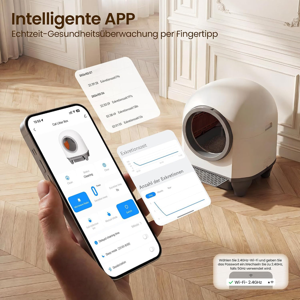 Selbstreinigende Katzentoilette 90L mit App Steuerung Sicherheitssensor Geruchsentfernung automatisches Katzenklo mit Matte