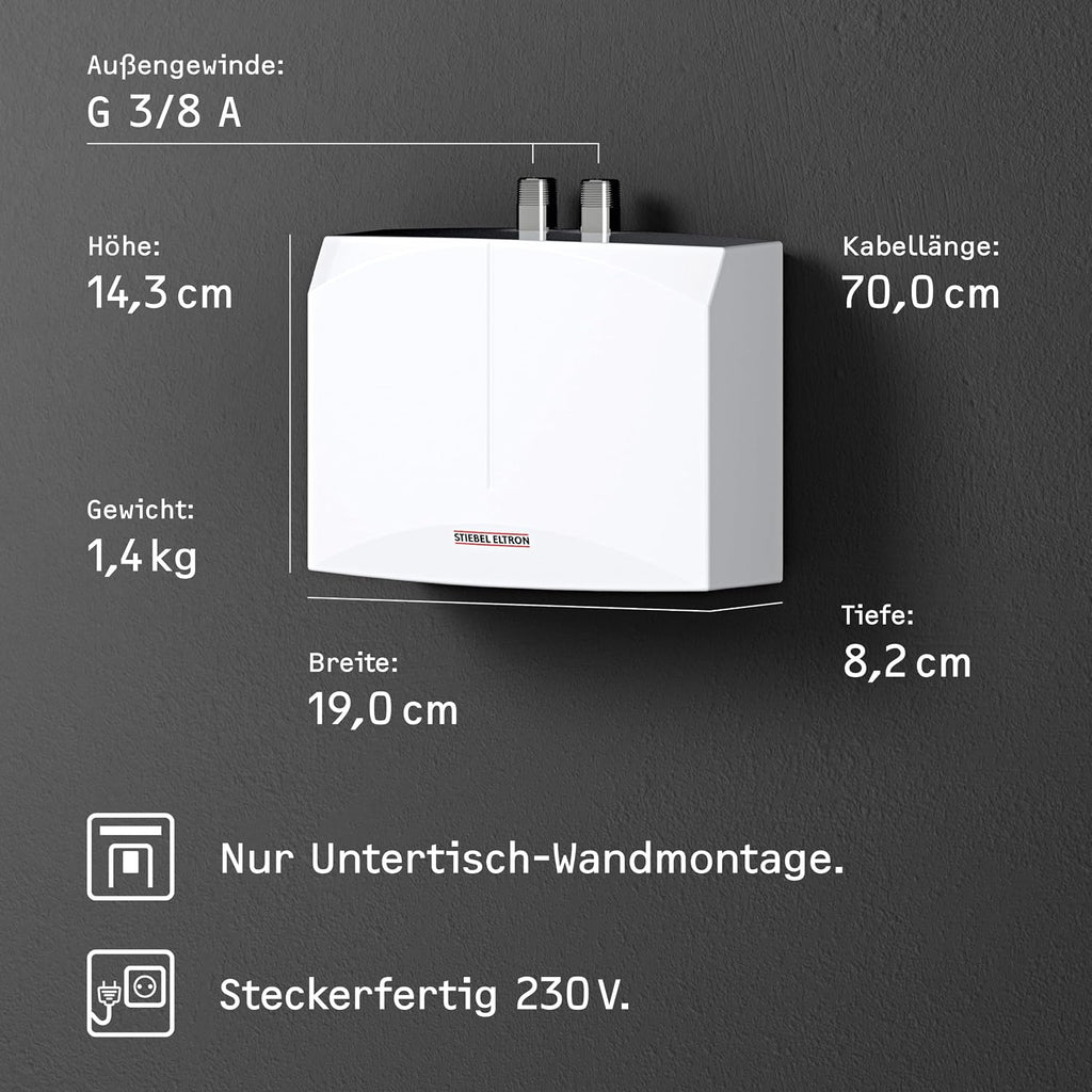 Mini-Durchlauferhitzer DHM 3 hydraulisch 3,5 kW 230V mit Stecker für Handwaschbecken Untertischmontage