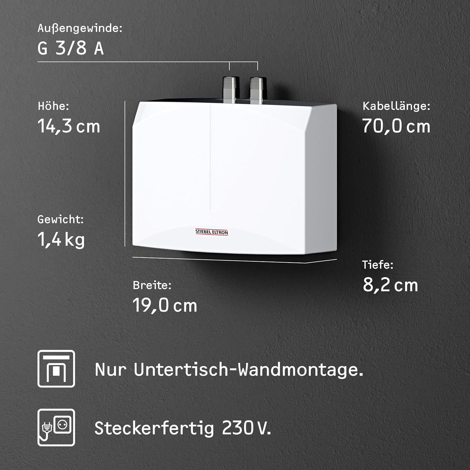 Mini-Durchlauferhitzer DHM 3 hydraulisch 3,5 kW 230V mit Stecker für Handwaschbecken Untertischmontage