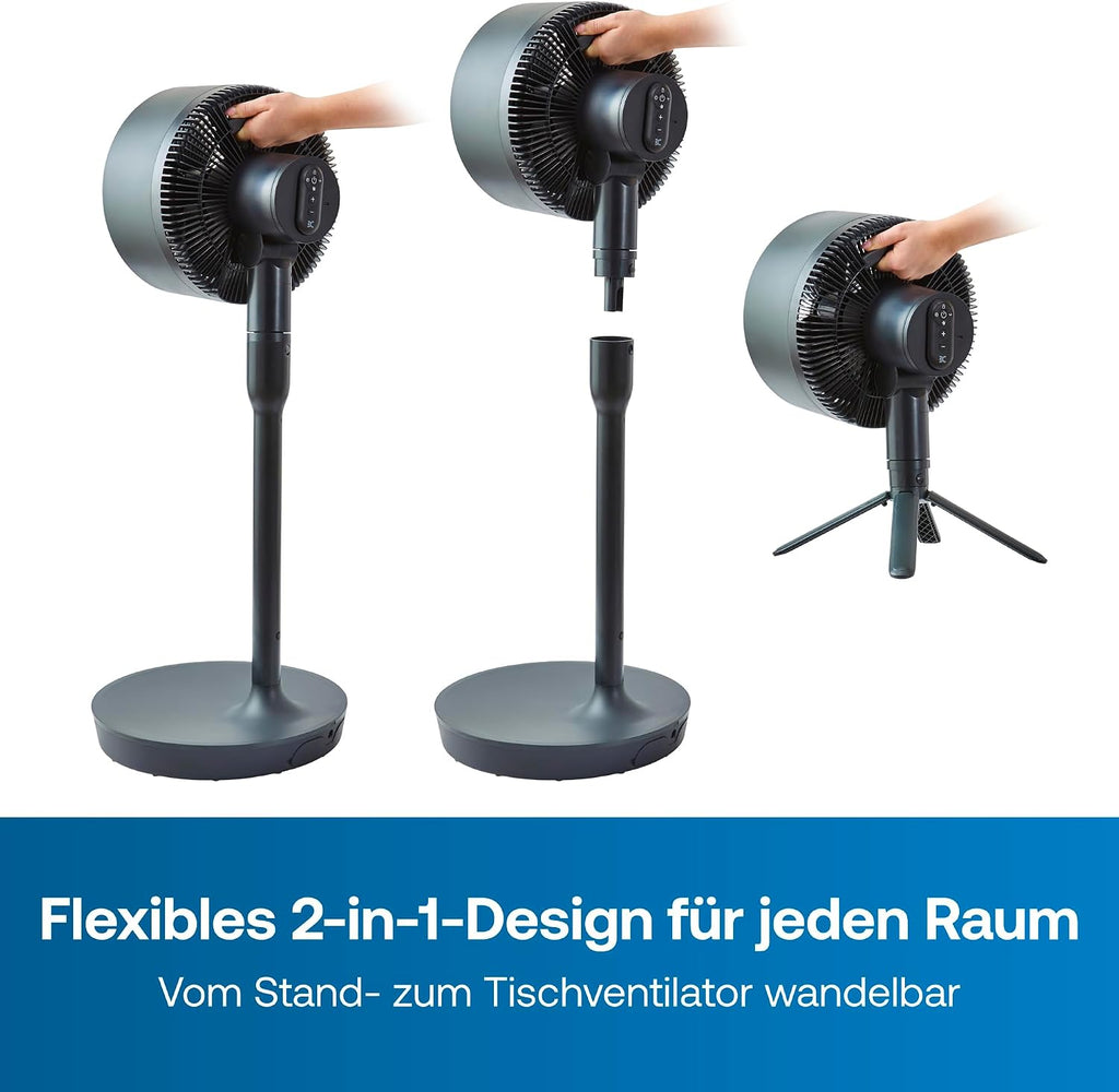 DUOCOOL Smart Akkuventilator 2-in-1 Stand und Tischventilator kabellos 45 Stunden Laufzeit 5 Stufen Turbo App Steuerung Alexa kompatibel