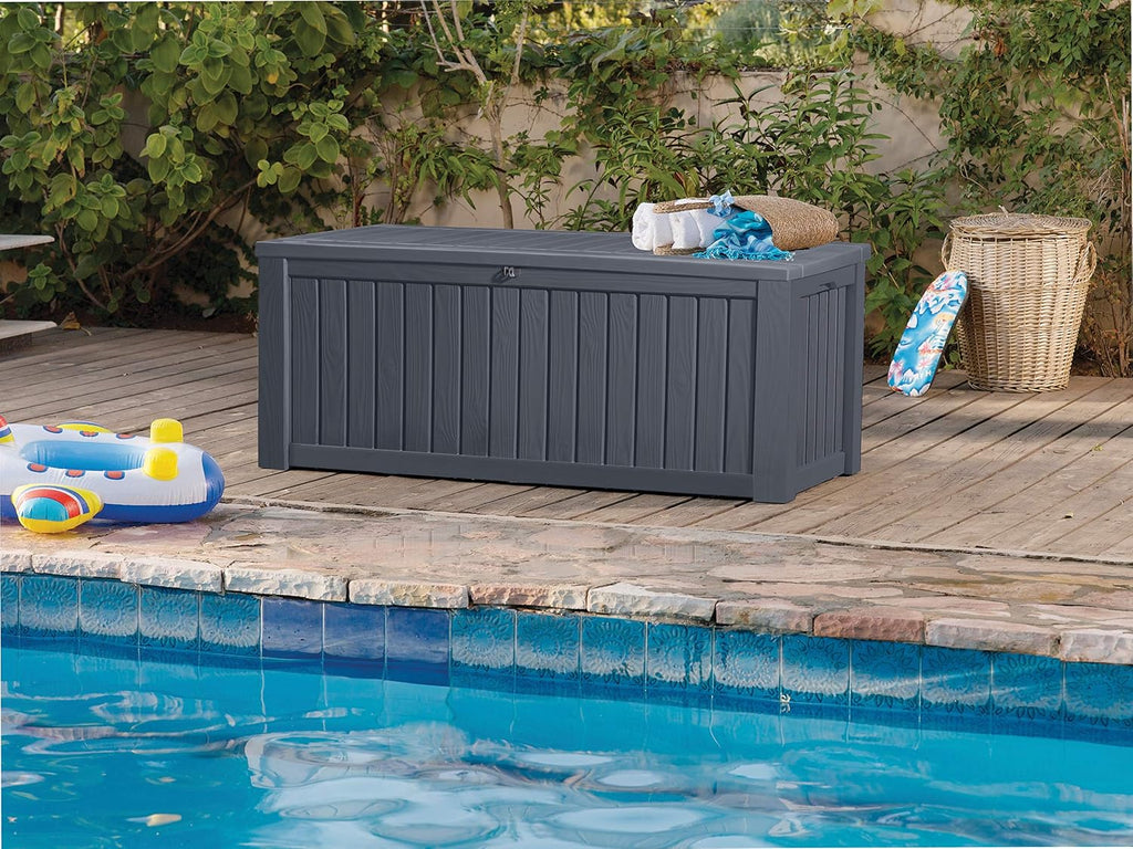 Garten Aufbewahrungsbox 570 Liter Kissenbox mit Belüftung Holzoptik wetterfest mit Gasdruckfeder