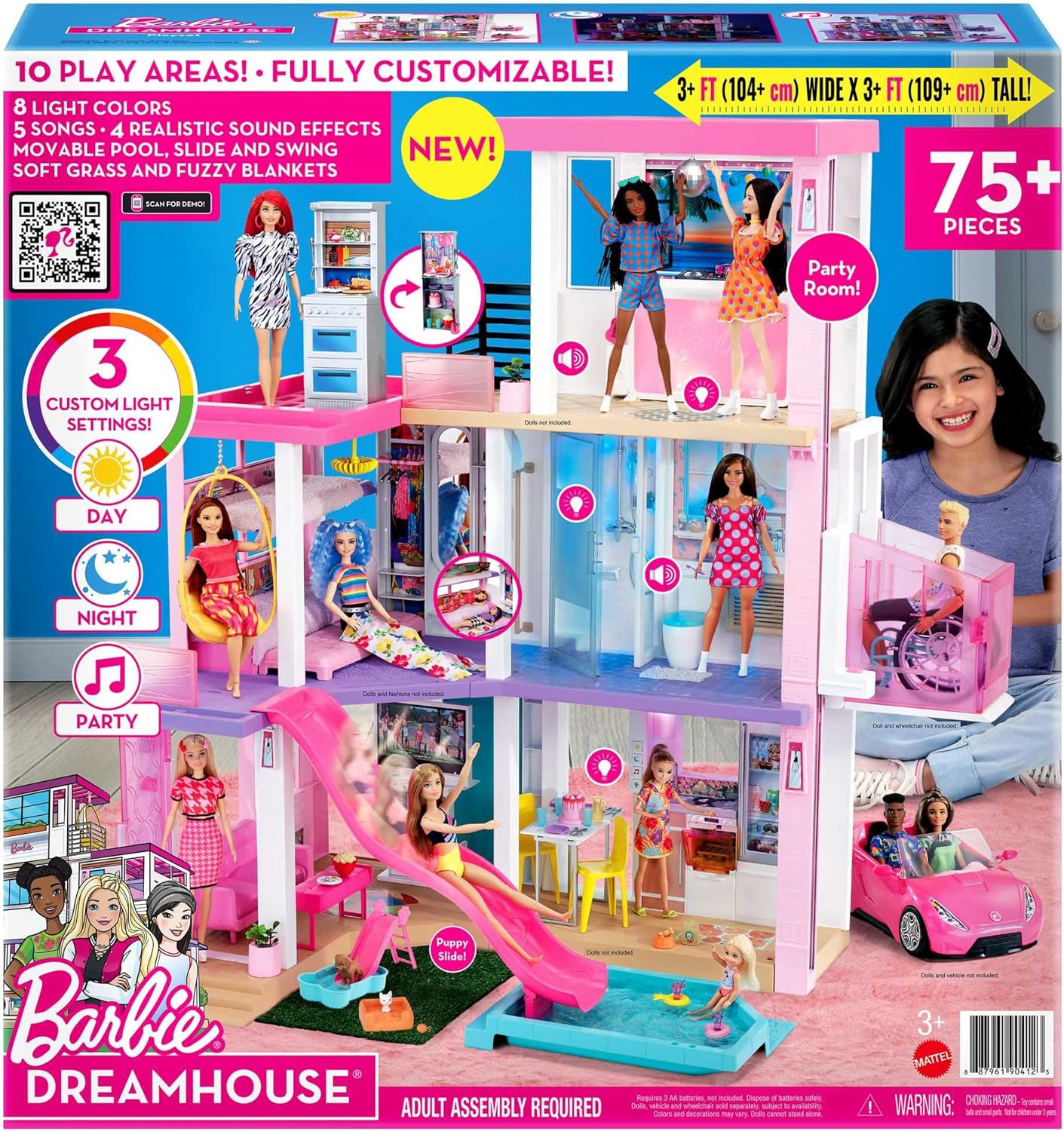 Puppenhaus Spielset 3 Etagen mit Pool Rutsche Aufzug Licht und Sound 75 Zubehörteile Modell GRG93