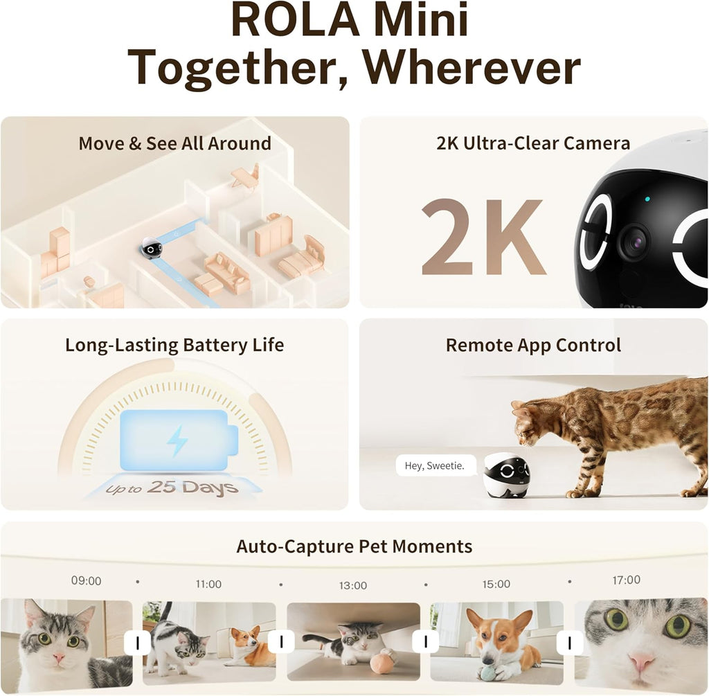 Haustierkamera Roboter ROLA Mini 2K QHD mit Nachtsicht Bewegungserkennung 25 Tage Akku automatische Aufrichtung