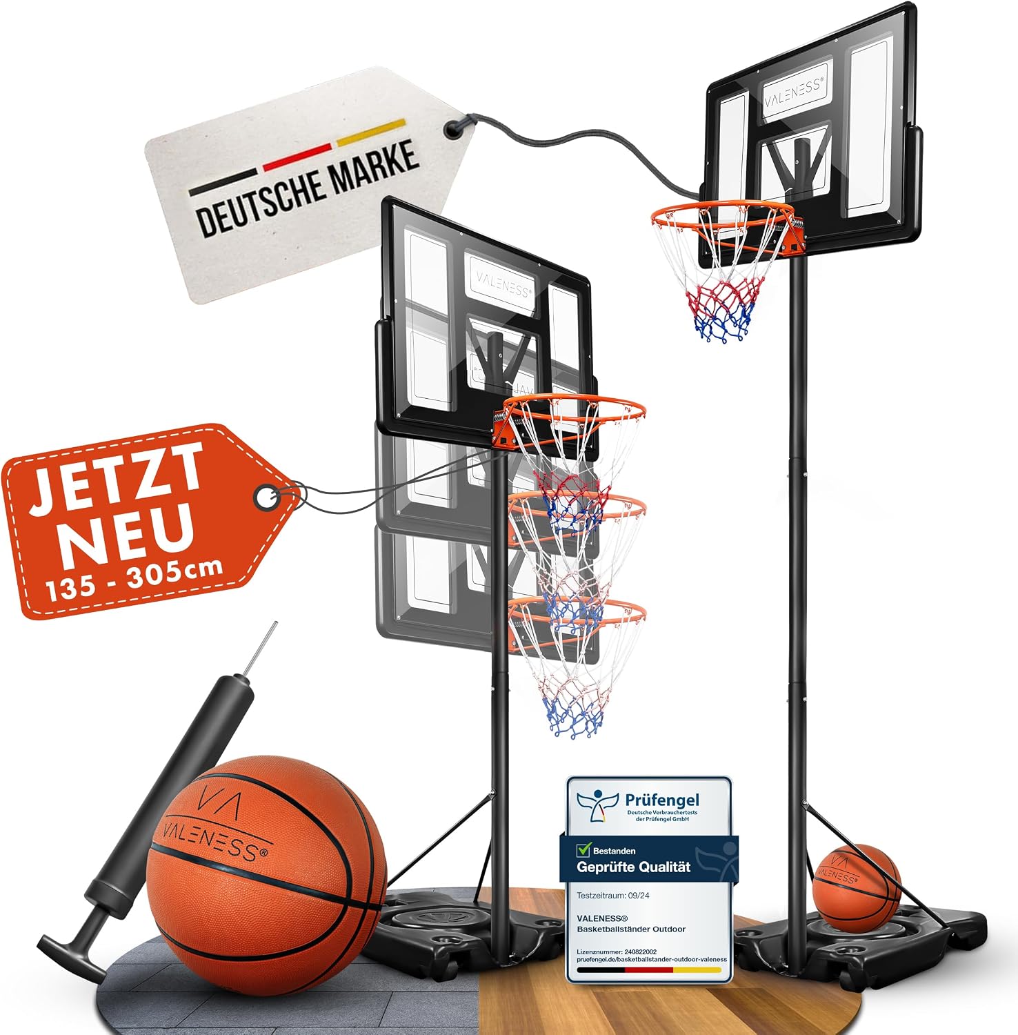 Basketballkorb Outdoor höhenverstellbar 135-305 cm freistehender Basketballständer mit Basketball Größe 7 und Ballpumpe BWS2024