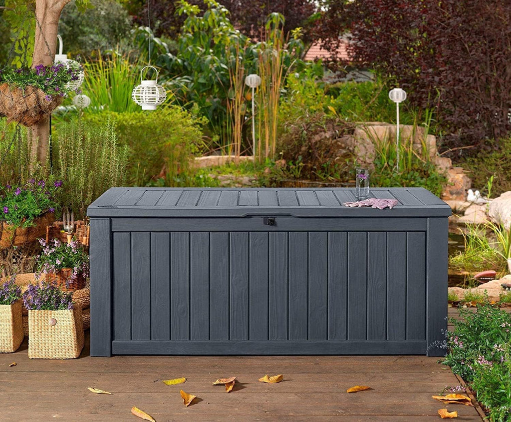 Garten Aufbewahrungsbox 570 Liter Kissenbox mit Belüftung Holzoptik wetterfest mit Gasdruckfeder