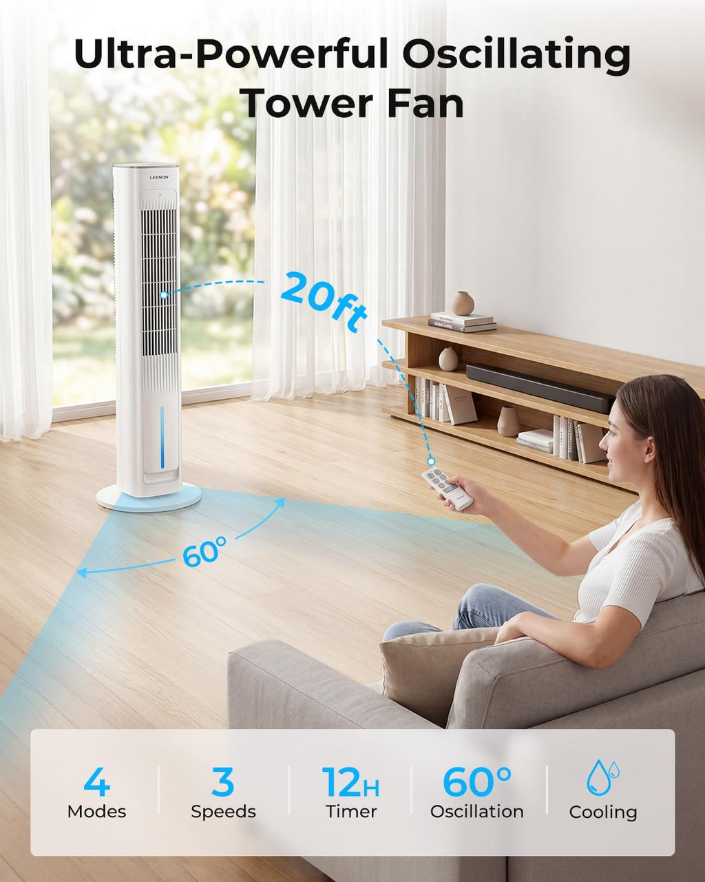 Turmventilator mit Wasserkühlung ATF-026L 38 Zoll 60W Verdunstungskühler mit Fernbedienung 3 Stufen 12H Timer