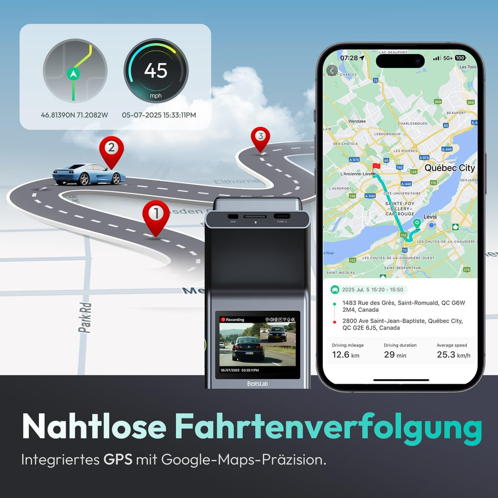 4K Dashcam Auto Vorne Hinten Dual Kamera mit STARVIS 2 Sensor WDR GPS WLAN Sprachsteuerung 64GB SD-Karte