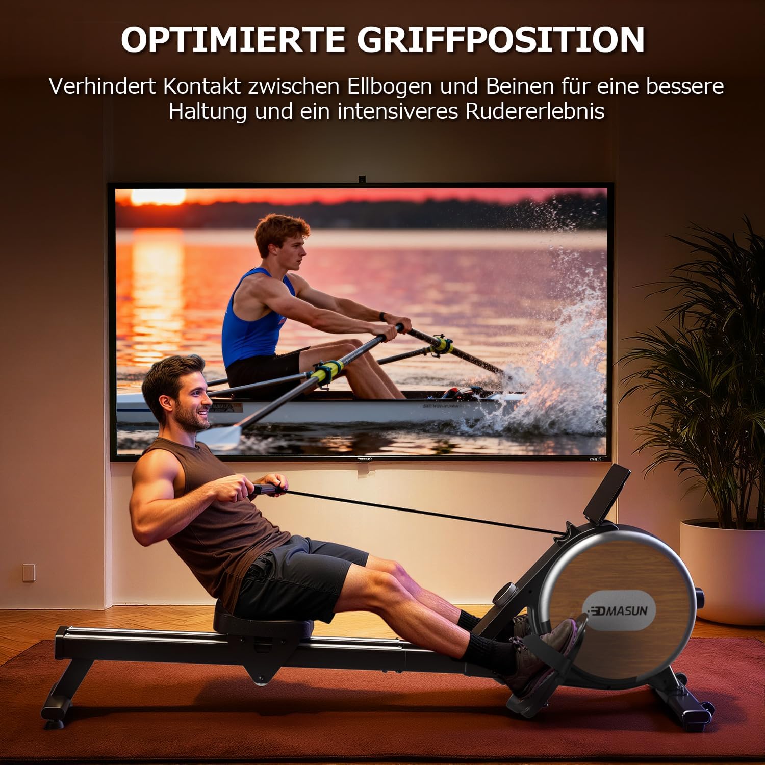 Rudergerät 106M Magnetisches Heimtrainingsgerät mit Doppelschienen 16 Widerstandsstufen APP Verbindung LCD Anzeige