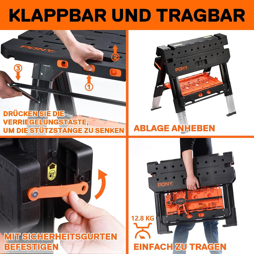 Klappbare Werkbank 2in1 Sägebock 454kg Tragfähigkeit Aluminiumbeine verstellbar 79x63,5x89cm inkl Schraubzwingen