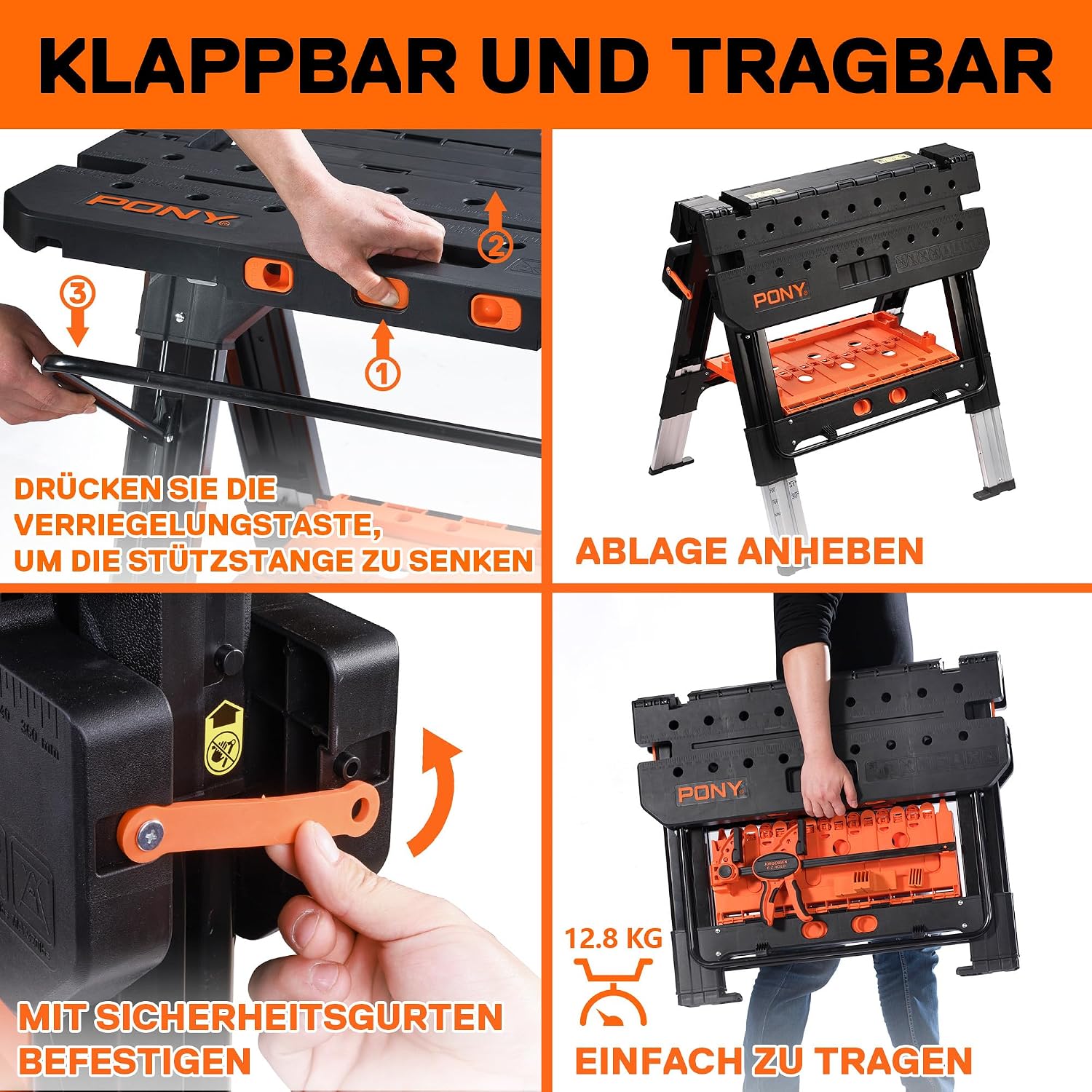 Klappbare Werkbank 2in1 Sägebock 454kg Tragfähigkeit Aluminiumbeine verstellbar 79x63,5x89cm inkl Schraubzwingen
