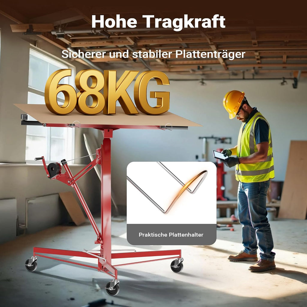 Plattenheber XXL 50790 Trockenbau Plattenlift 68 kg Arbeitshöhe 140-350 cm 1-Mann Montagehilfe 3 Rollen Feststellbremse