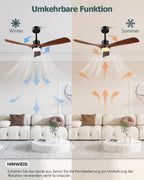 Deckenventilator mit LED-Beleuchtung und Fernbedienung QX-01-DE1 132 cm DC-Motor 3 Holzflügel 6 Geschwindigkeiten