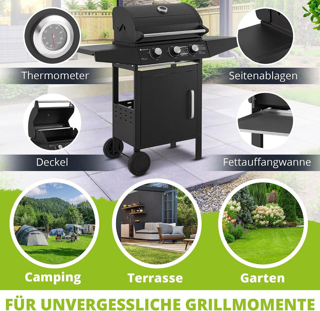 Gasgrill Grillwagen Louisiana 3 Brenner 8,1 kW mit Deckel Thermometer Warmhalterost Grillrost und Abdeckplane
