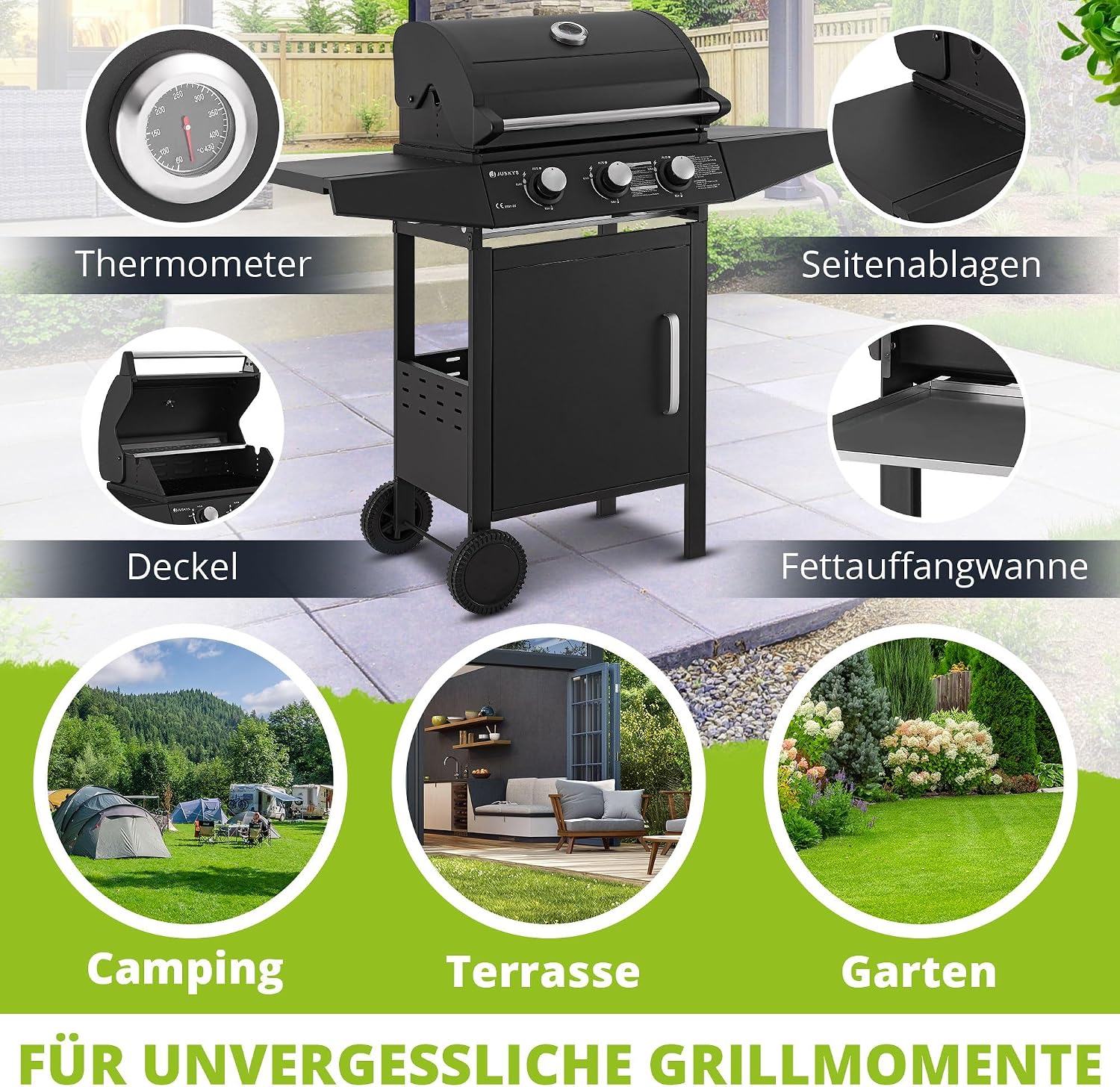 Gasgrill Grillwagen Louisiana 3 Brenner 8,1 kW mit Deckel Thermometer Warmhalterost Grillrost und Abdeckplane