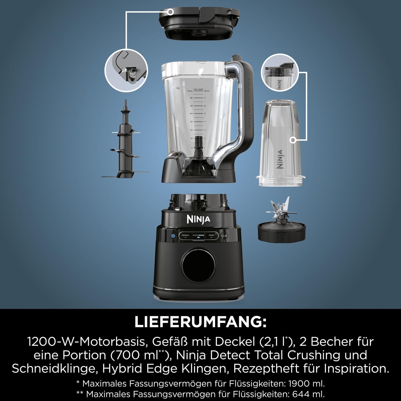 2-in-1 Mixer Blender Detect System 1200W 1,9L Krug mit 2x Einzelportion Bechern TB301EU inkl Zubehör