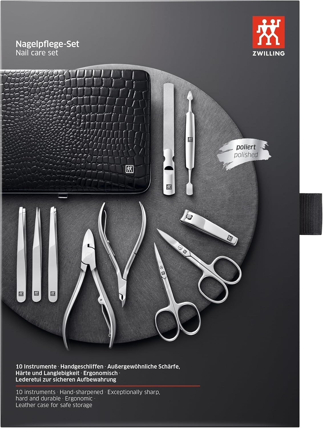 Maniküre Set 10 teilig Edelstahl Nagelpflege Set mit Echtleder Etui Metallrahmen für Finger und Fußnägel