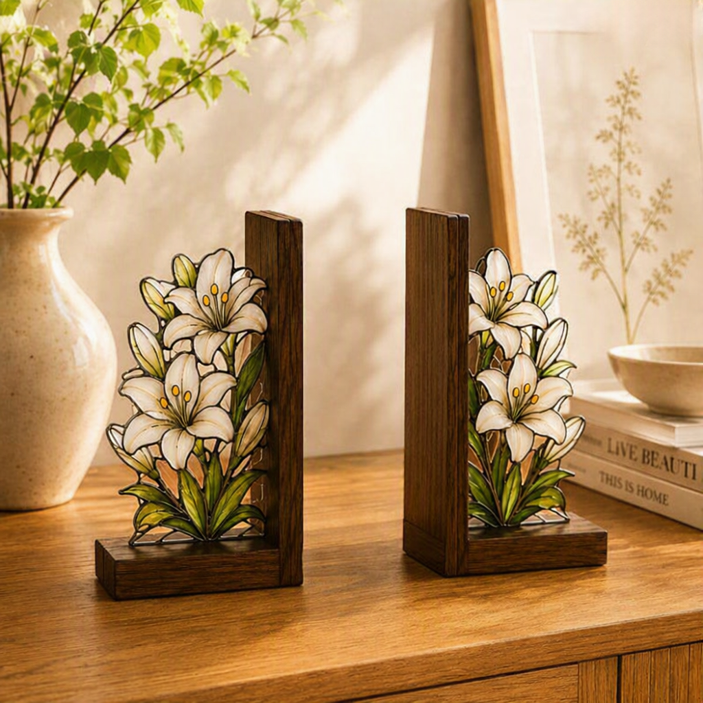 Weiße Lilien-Buchstützen aus Holz, florale Buchstützen im Buntglas-Stil für Bücherregal, botanische Deko