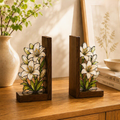Weiße Lilien-Buchstützen aus Holz, florale Buchstützen im Buntglas-Stil für Bücherregal, botanische Deko