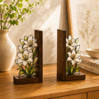 Weiße Lilien-Buchstützen aus Holz, florale Buchstützen im Buntglas-Stil für Bücherregal, botanische Deko