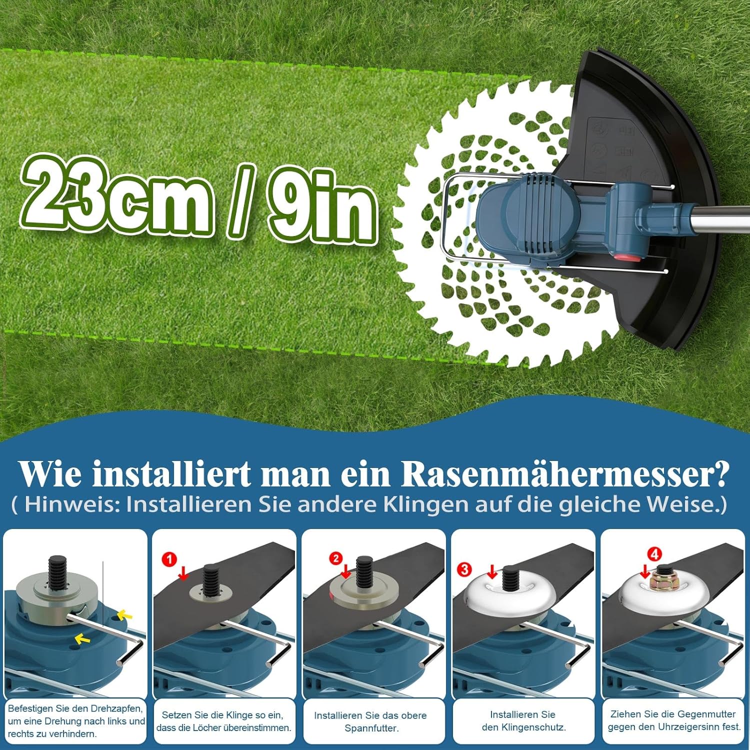 Akku Rasentrimmer HY-13 21V mit bürstenlosem Motor 23 cm Schnittbreite 5 Schneidaufsätze 2 x 4,0Ah Akku Unkrautbürste
