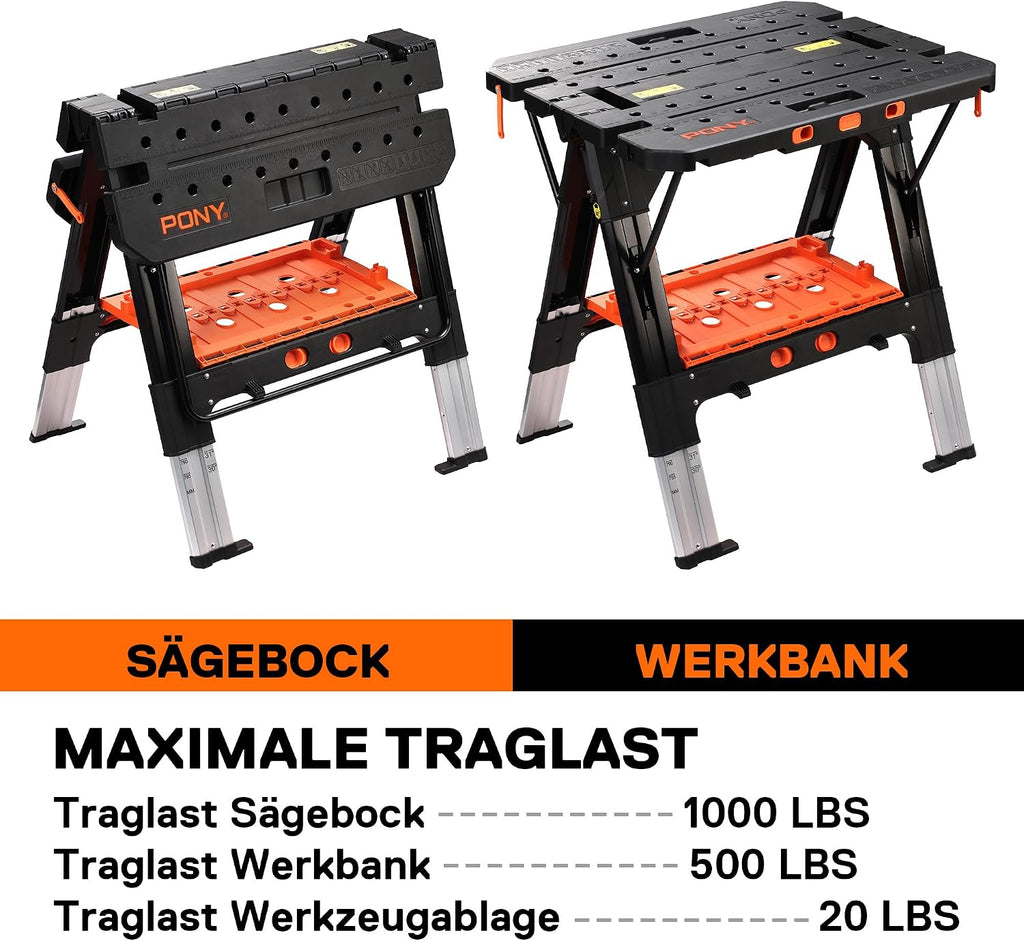 Klappbare Werkbank 2in1 Sägebock 454kg Tragfähigkeit Aluminiumbeine verstellbar 79x63,5x89cm inkl Schraubzwingen