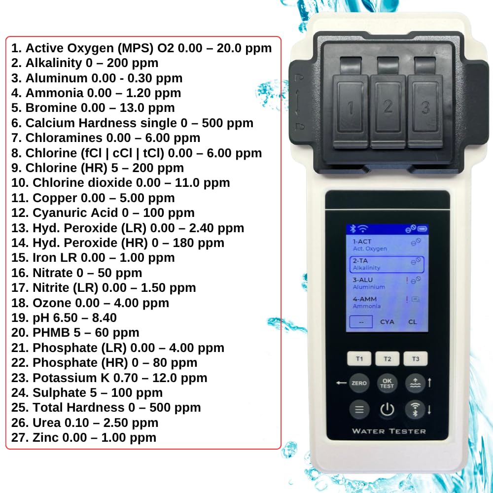 Pool Wasseranalysegerät 2.0 Set 27 Parameter WiFi Bluetooth App Pool Spa Whirlpool Messgerät inkl Koffer Wasserstandsausgleicher