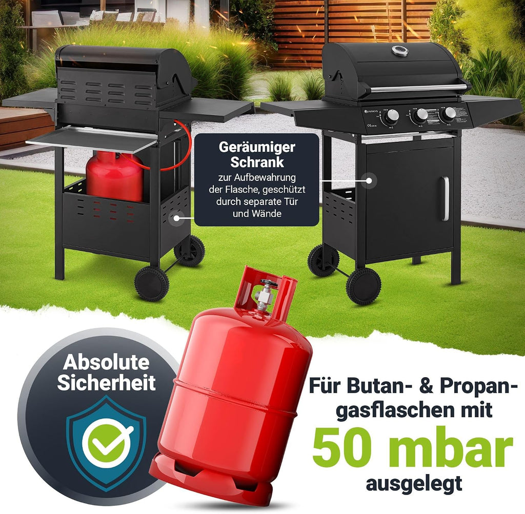 Gasgrill Grillwagen Louisiana 3 Brenner 8,1 kW mit Deckel Thermometer Warmhalterost Grillrost und Abdeckplane