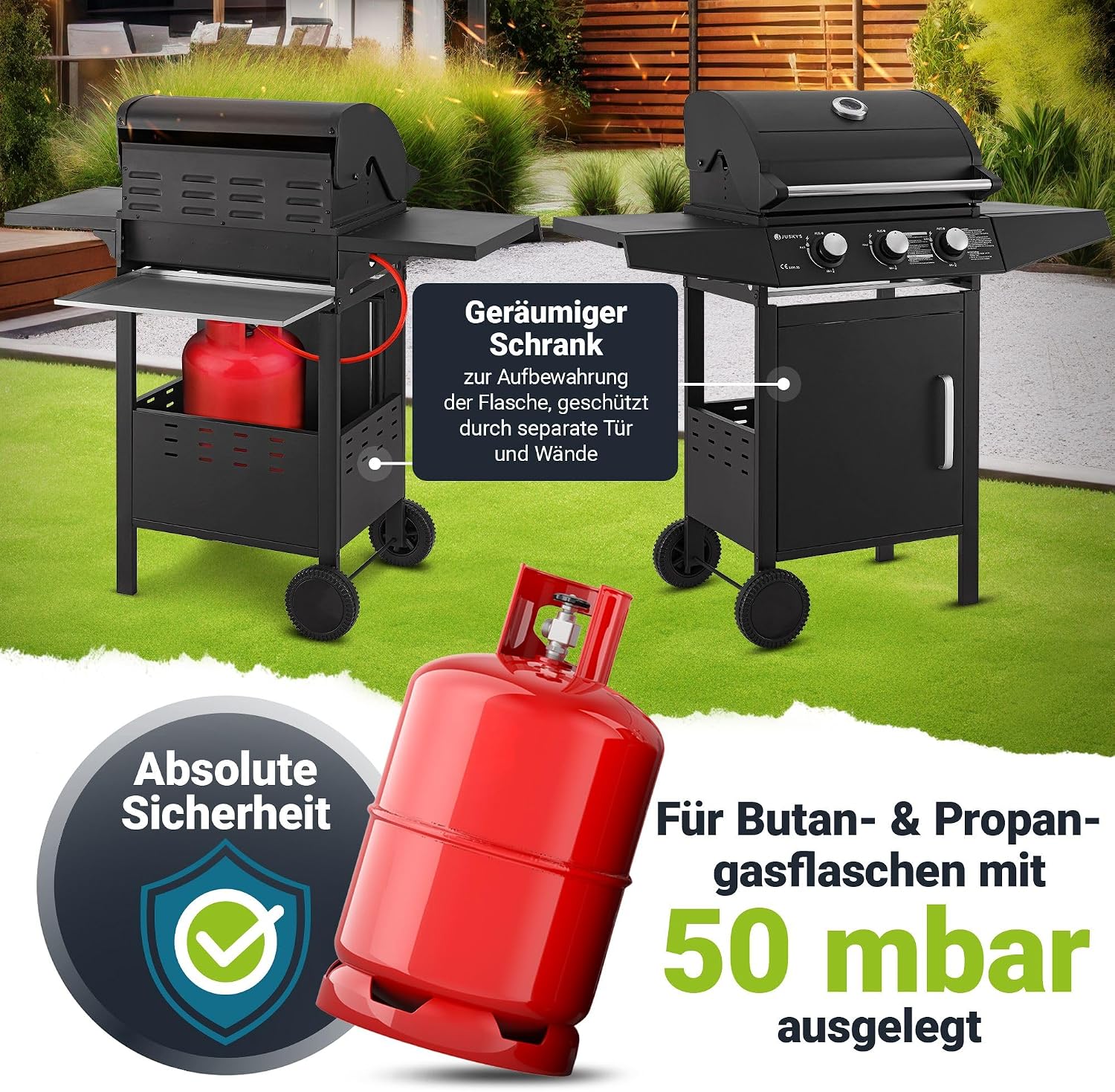 Gasgrill Grillwagen Louisiana 3 Brenner 8,1 kW mit Deckel Thermometer Warmhalterost Grillrost und Abdeckplane