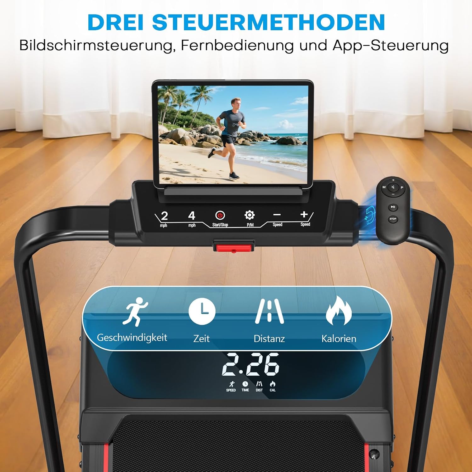 Walking Pad Laufband X390 klappbar mit 9% Steigung 1-12 km/h LCD Display App Steuerung Handlauf und Fernbedienung
