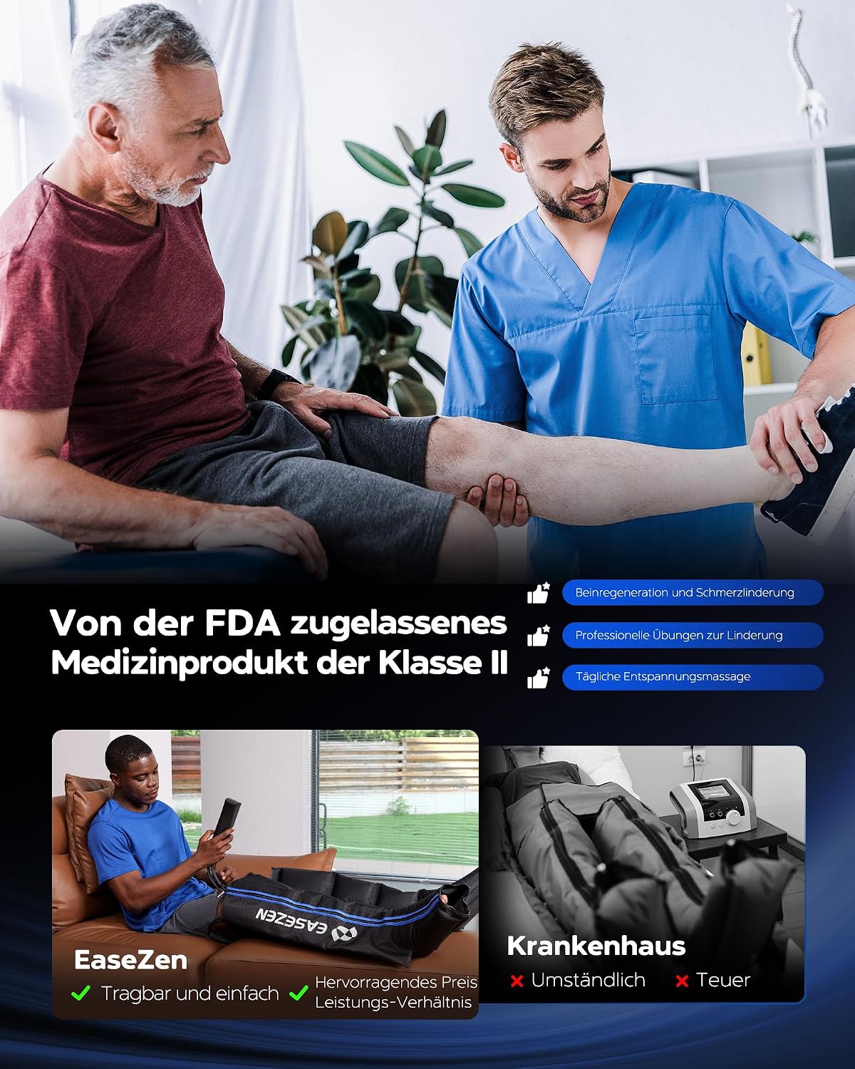 Beinmassagegerät Luftkompression Füße Waden Oberschenkel 6 Modi 11 Intensitätsstufen mit Timer kabelgebunden