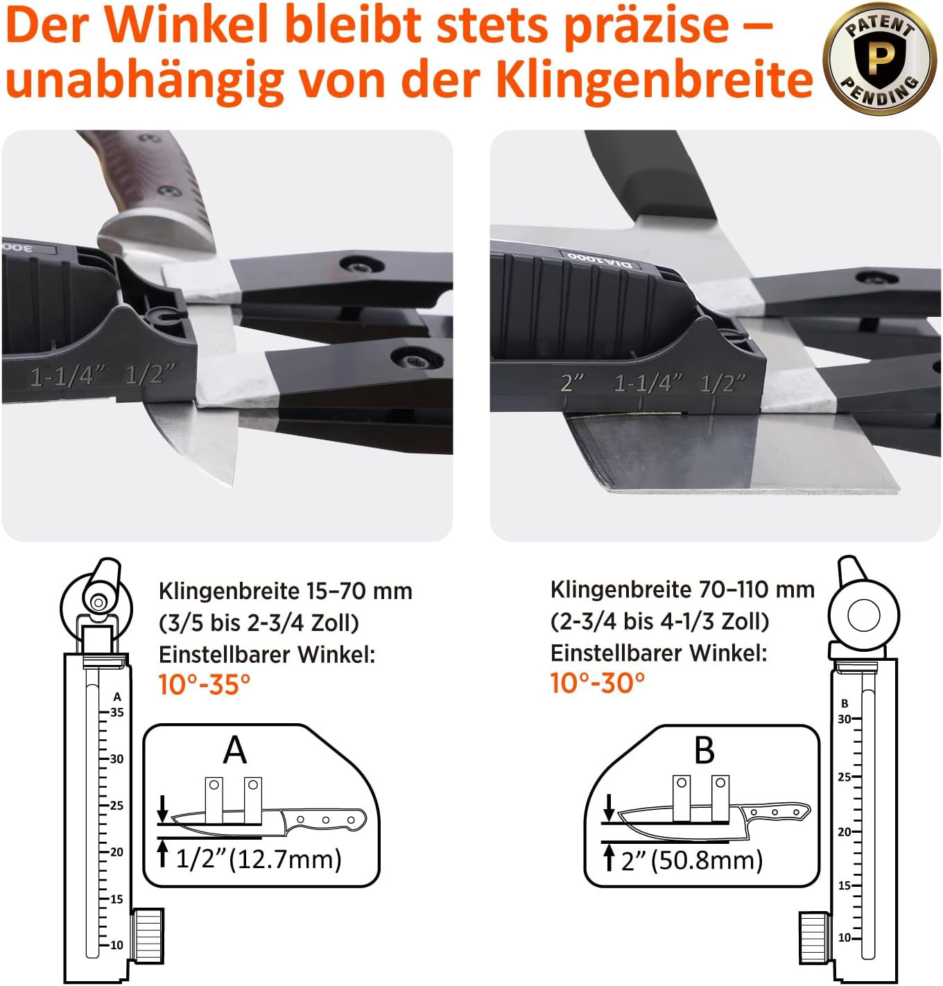 Messerschärfer 202H mit einstellbarem Winkel 10–35° 7-teiliges Schleifset mit Diamant und Wassersteinen